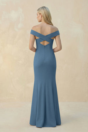 Off - the - Shoulder Sheath Matte Satin Bridesmaid Dress in Neptune - KISS BRIDAL Bridesmaid Dresses