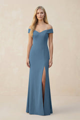 Off - the - Shoulder Sheath Matte Satin Bridesmaid Dress in Neptune - KISS BRIDAL Bridesmaid Dresses