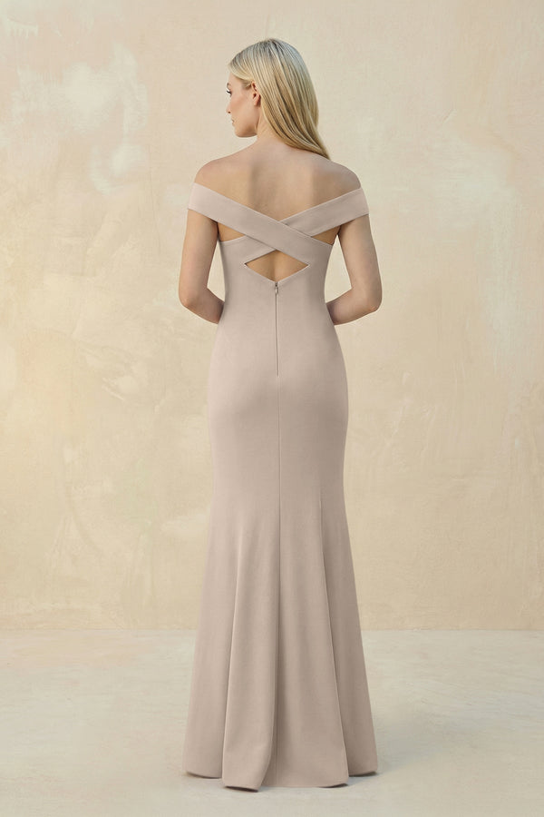 Off - the - Shoulder Sheath Matte Satin Bridesmaid Dress in Neutral Champagne - KISS BRIDAL Bridesmaid Dresses
