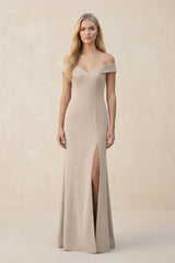 Off - the - Shoulder Sheath Matte Satin Bridesmaid Dress in Neutral Champagne - KISS BRIDAL Bridesmaid Dresses
