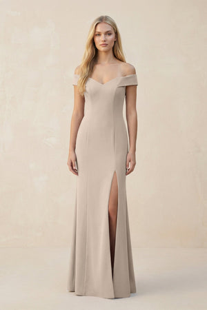 Off - the - Shoulder Sheath Matte Satin Bridesmaid Dress in Neutral Champagne - KISS BRIDAL Bridesmaid Dresses