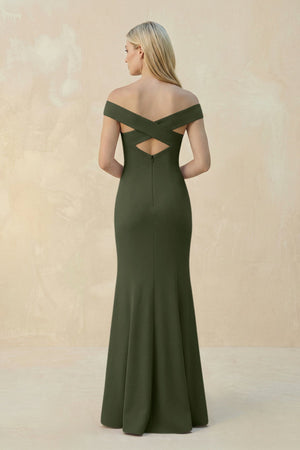 Off - the - Shoulder Sheath Matte Satin Bridesmaid Dress in Olive - KISS BRIDAL Bridesmaid Dresses