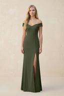 Off - the - Shoulder Sheath Matte Satin Bridesmaid Dress in Olive - KISS BRIDAL Bridesmaid Dresses