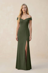 Off - the - Shoulder Sheath Matte Satin Bridesmaid Dress in Olive - KISS BRIDAL Bridesmaid Dresses