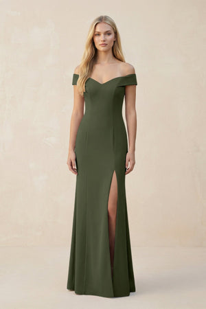 Off - the - Shoulder Sheath Matte Satin Bridesmaid Dress in Olive - KISS BRIDAL Bridesmaid Dresses