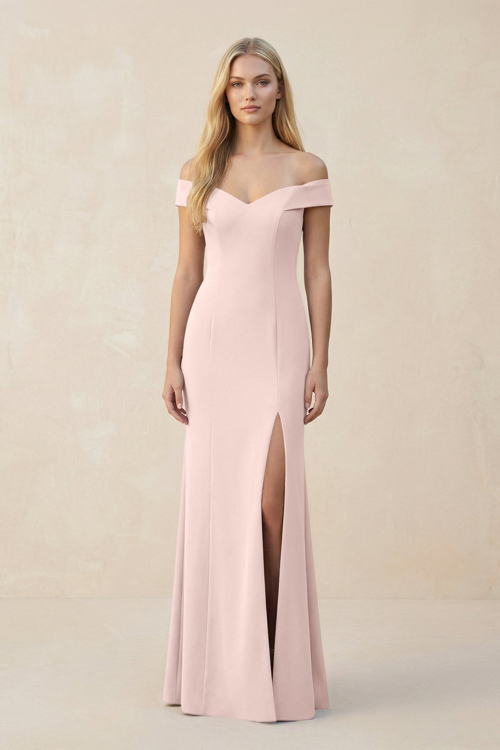Off - the - Shoulder Sheath Matte Satin Bridesmaid Dress in Pale Blush - KISS BRIDAL Bridesmaid Dresses