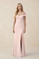 Off - the - Shoulder Sheath Matte Satin Bridesmaid Dress in Pale Blush - KISS BRIDAL Bridesmaid Dresses