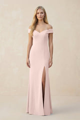 Off - the - Shoulder Sheath Matte Satin Bridesmaid Dress in Pale Blush - KISS BRIDAL Bridesmaid Dresses