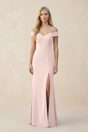 Off - the - Shoulder Sheath Matte Satin Bridesmaid Dress in Pale Blush - KISS BRIDAL Bridesmaid Dresses