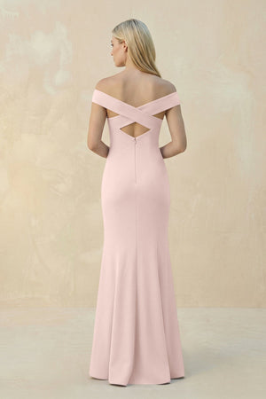 Off - the - Shoulder Sheath Matte Satin Bridesmaid Dress in Pale Blush - KISS BRIDAL Bridesmaid Dresses