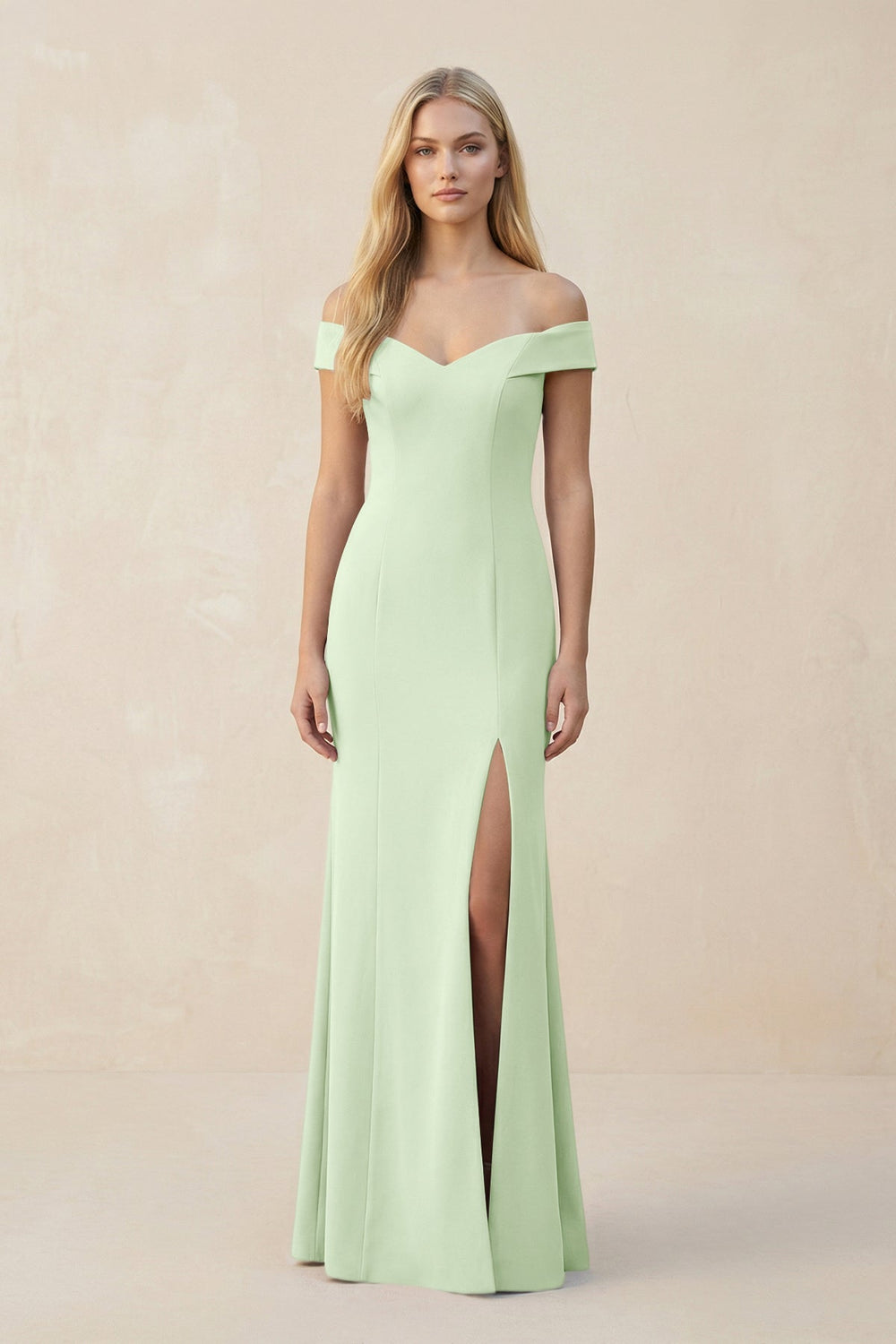 Off - the - Shoulder Sheath Matte Satin Bridesmaid Dress in Pale Pistachio - KISS BRIDAL Bridesmaid Dresses