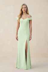 Off - the - Shoulder Sheath Matte Satin Bridesmaid Dress in Pale Pistachio - KISS BRIDAL Bridesmaid Dresses