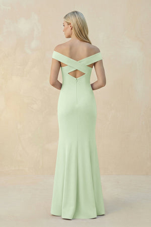 Off - the - Shoulder Sheath Matte Satin Bridesmaid Dress in Pale Pistachio - SHE IS ME Bridesmaid Dresses