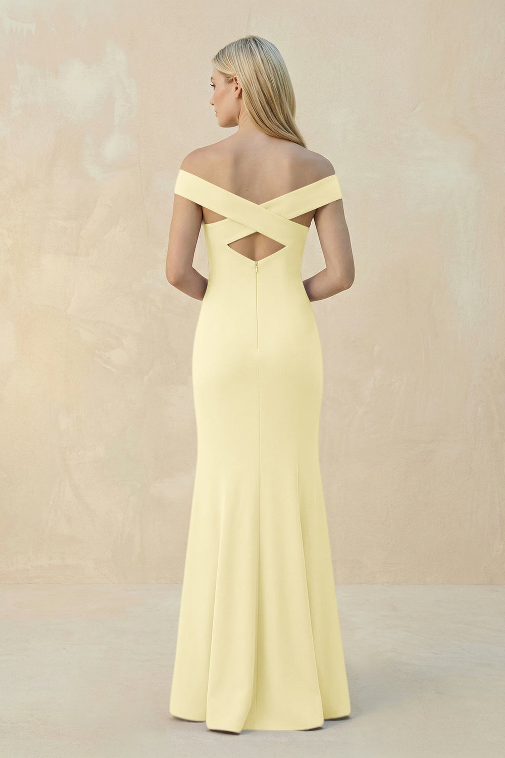 Off - the - Shoulder Sheath Matte Satin Bridesmaid Dress in Pastel Yellow - SHE IS ME Bridesmaid Dresses