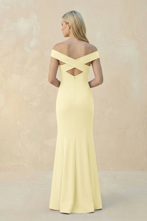 Off - the - Shoulder Sheath Matte Satin Bridesmaid Dress in Pastel Yellow - KISS BRIDAL Bridesmaid Dresses