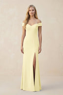 Off - the - Shoulder Sheath Matte Satin Bridesmaid Dress in Pastel Yellow - KISS BRIDAL Bridesmaid Dresses