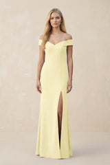 Off - the - Shoulder Sheath Matte Satin Bridesmaid Dress in Pastel Yellow - KISS BRIDAL Bridesmaid Dresses