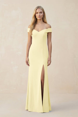 Off - the - Shoulder Sheath Matte Satin Bridesmaid Dress in Pastel Yellow - KISS BRIDAL Bridesmaid Dresses