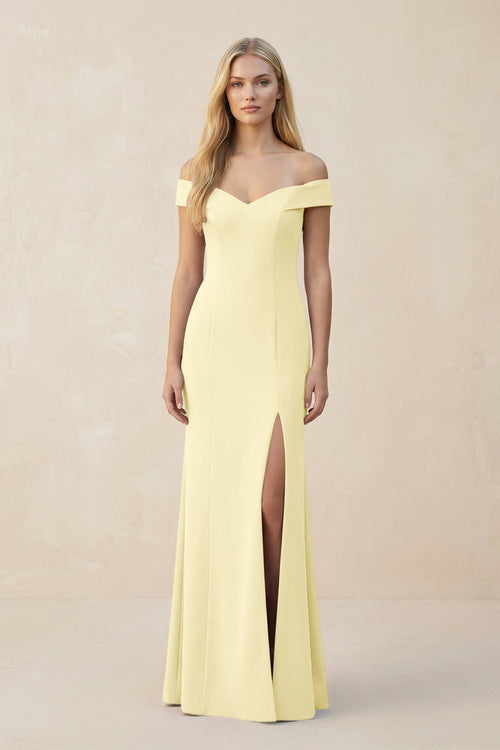 Off - the - Shoulder Sheath Matte Satin Bridesmaid Dress in Pastel Yellow - KISS BRIDAL Bridesmaid Dresses