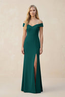 Off - the - Shoulder Sheath Matte Satin Bridesmaid Dress in Pine - SHE IS ME Bridesmaid Dresses