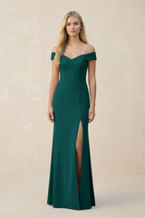 Off - the - Shoulder Sheath Matte Satin Bridesmaid Dress in Pine - KISS BRIDAL Bridesmaid Dresses