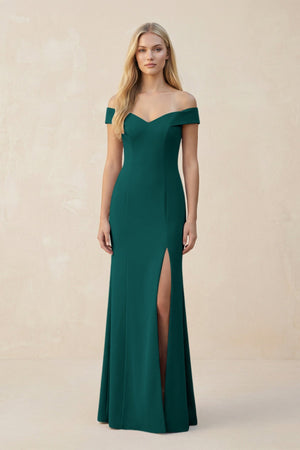 Off - the - Shoulder Sheath Matte Satin Bridesmaid Dress in Pine - SHE IS ME Bridesmaid Dresses