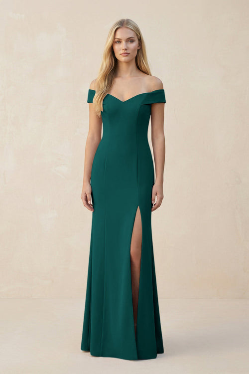 Off - the - Shoulder Sheath Matte Satin Bridesmaid Dress in Pine - SHE IS ME Bridesmaid Dresses