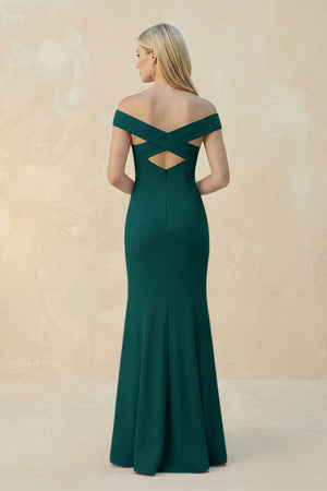 Off - the - Shoulder Sheath Matte Satin Bridesmaid Dress in Pine - SHE IS ME Bridesmaid Dresses