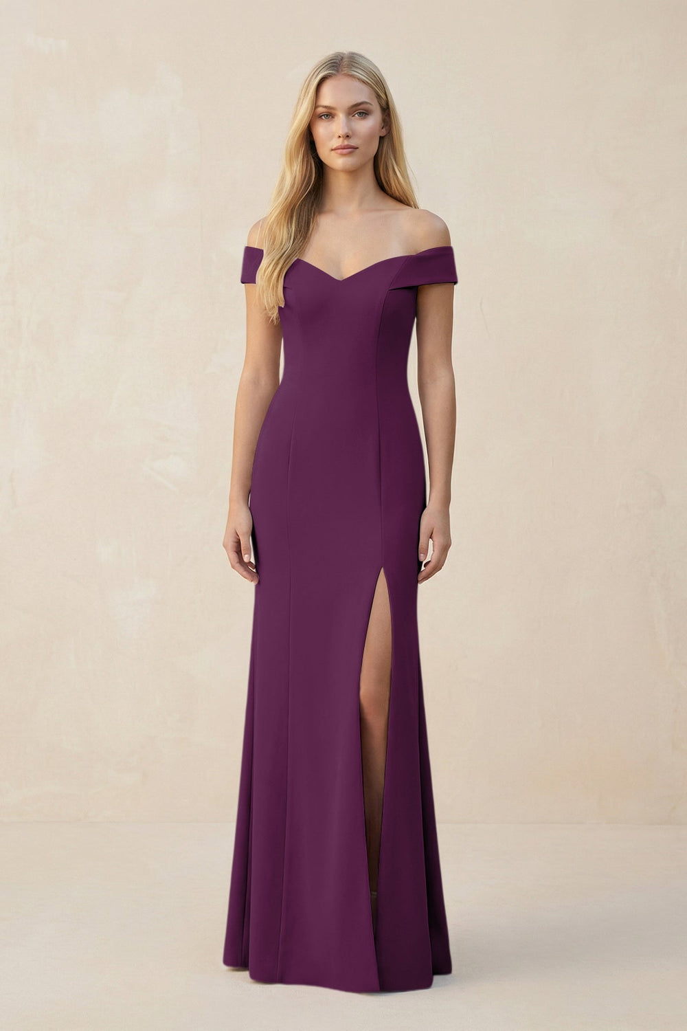 Off - the - Shoulder Sheath Matte Satin Bridesmaid Dress in Plum - SHE IS ME Bridesmaid Dresses