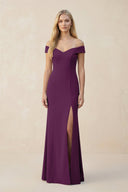 Off - the - Shoulder Sheath Matte Satin Bridesmaid Dress in Plum - KISS BRIDAL Bridesmaid Dresses