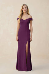 Off - the - Shoulder Sheath Matte Satin Bridesmaid Dress in Plum - KISS BRIDAL Bridesmaid Dresses