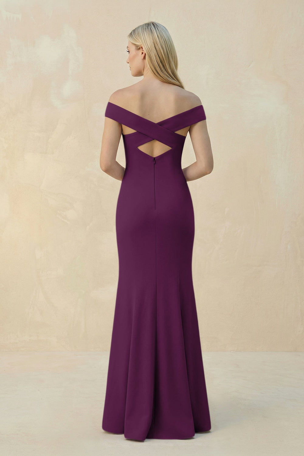 Off - the - Shoulder Sheath Matte Satin Bridesmaid Dress in Plum - SHE IS ME Bridesmaid Dresses