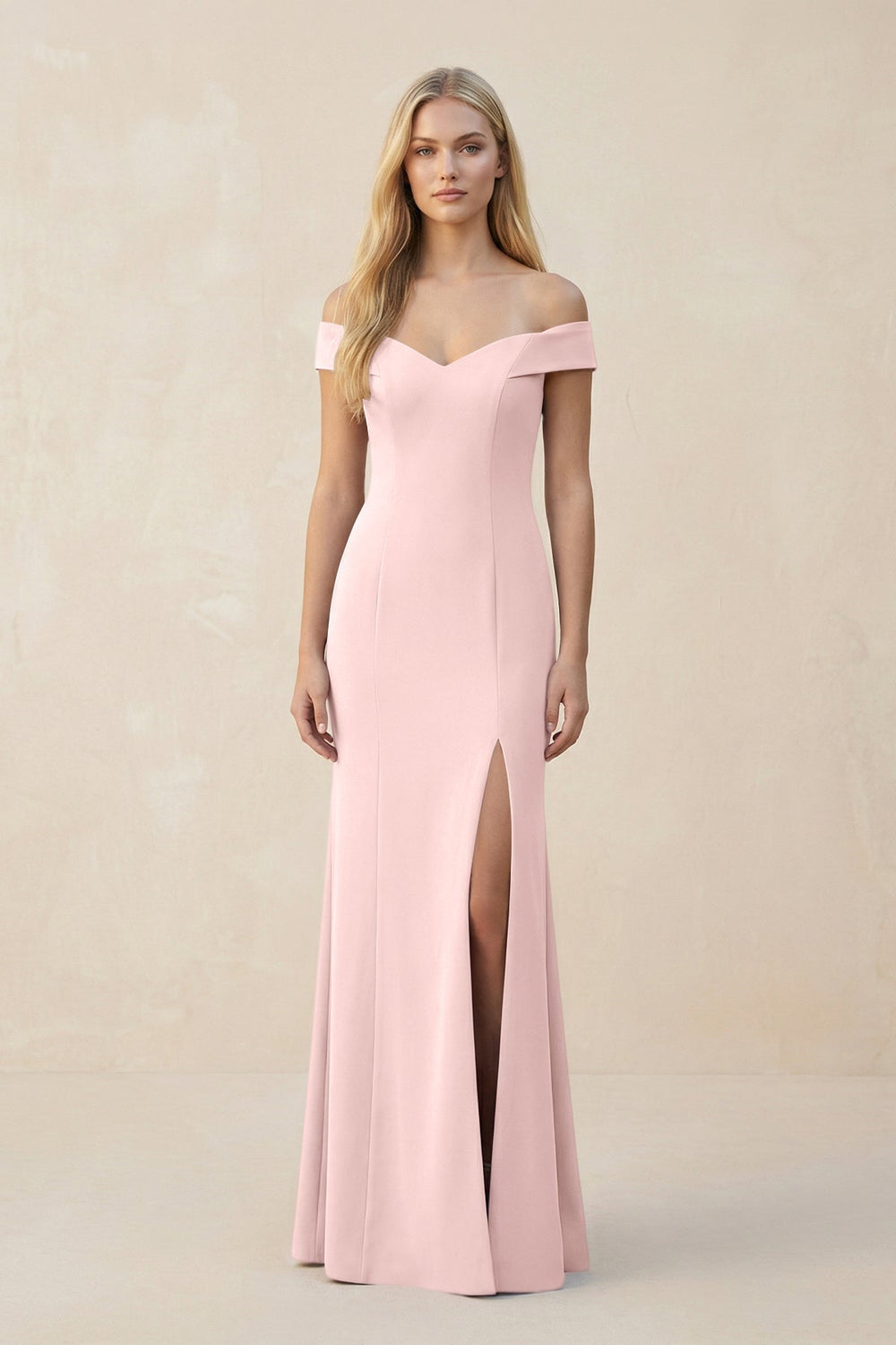 Off - the - Shoulder Sheath Matte Satin Bridesmaid Dress in Rose Petal - KISS BRIDAL Bridesmaid Dresses
