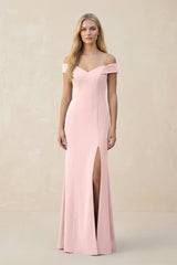 Off - the - Shoulder Sheath Matte Satin Bridesmaid Dress in Rose Petal - KISS BRIDAL Bridesmaid Dresses