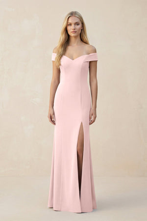 Off - the - Shoulder Sheath Matte Satin Bridesmaid Dress in Rose Petal - KISS BRIDAL Bridesmaid Dresses