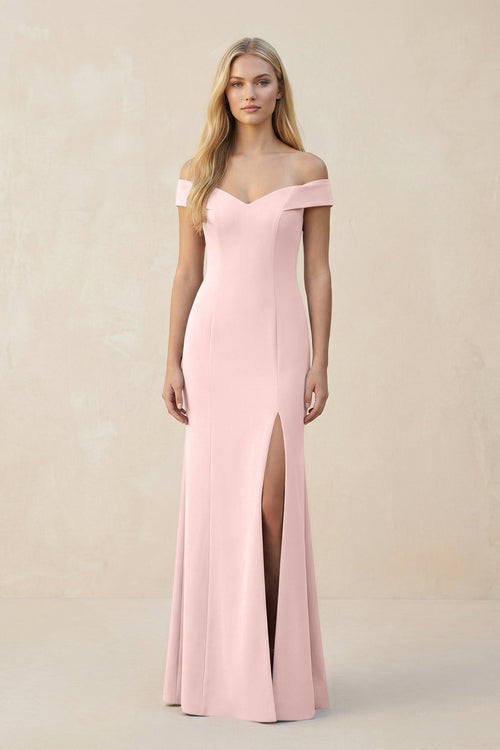 Off - the - Shoulder Sheath Matte Satin Bridesmaid Dress in Rose Petal - KISS BRIDAL Bridesmaid Dresses