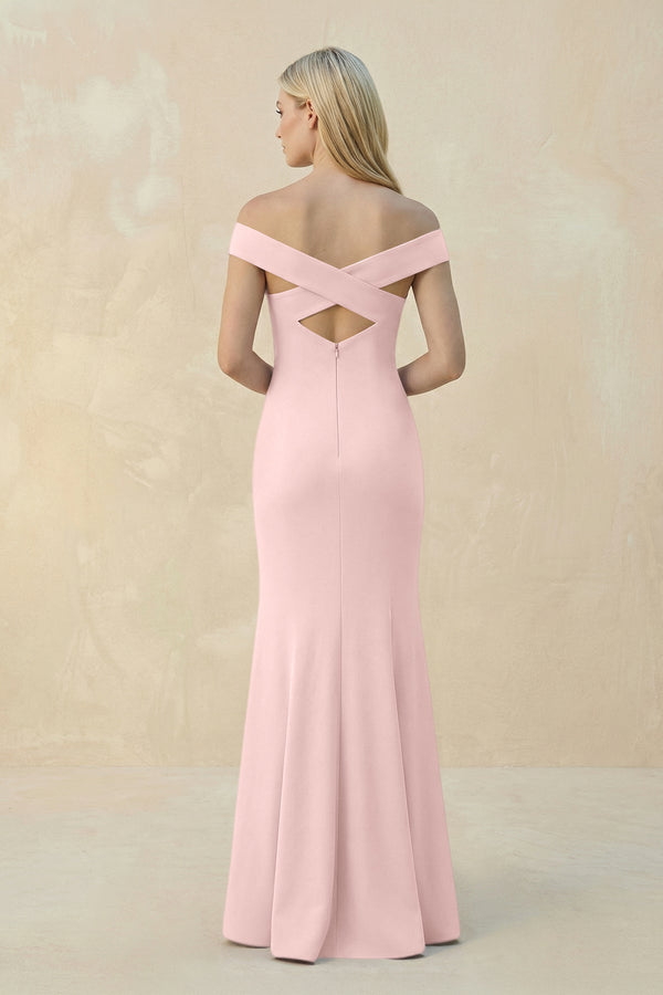 Off - the - Shoulder Sheath Matte Satin Bridesmaid Dress in Rose Petal - KISS BRIDAL Bridesmaid Dresses