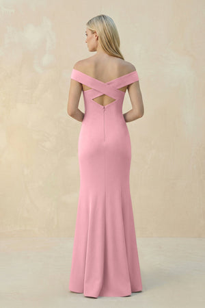 Off - the - Shoulder Sheath Matte Satin Bridesmaid Dress in Rosette - KISS BRIDAL Bridesmaid Dresses