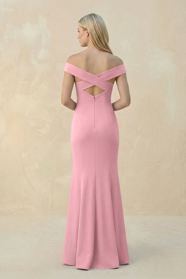 Off - the - Shoulder Sheath Matte Satin Bridesmaid Dress in Rosette - KISS BRIDAL Bridesmaid Dresses