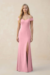 Off - the - Shoulder Sheath Matte Satin Bridesmaid Dress in Rosette - KISS BRIDAL Bridesmaid Dresses