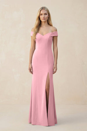 Off - the - Shoulder Sheath Matte Satin Bridesmaid Dress in Rosette - KISS BRIDAL Bridesmaid Dresses