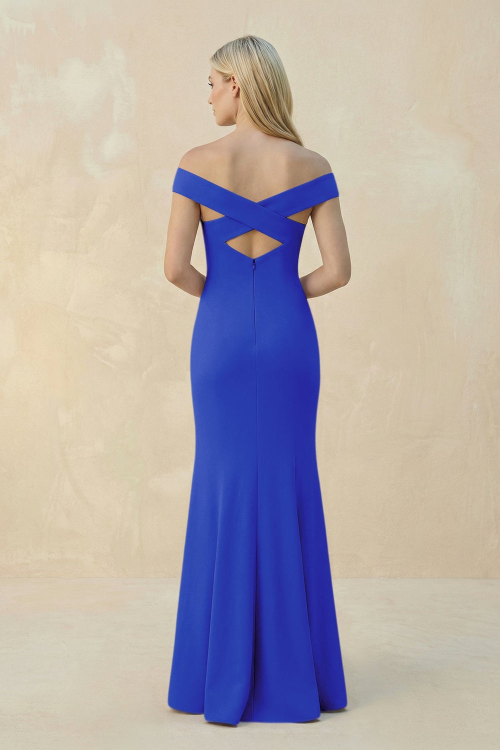 Off - the - Shoulder Sheath Matte Satin Bridesmaid Dress in Royal Blue - KISS BRIDAL Bridesmaid Dresses
