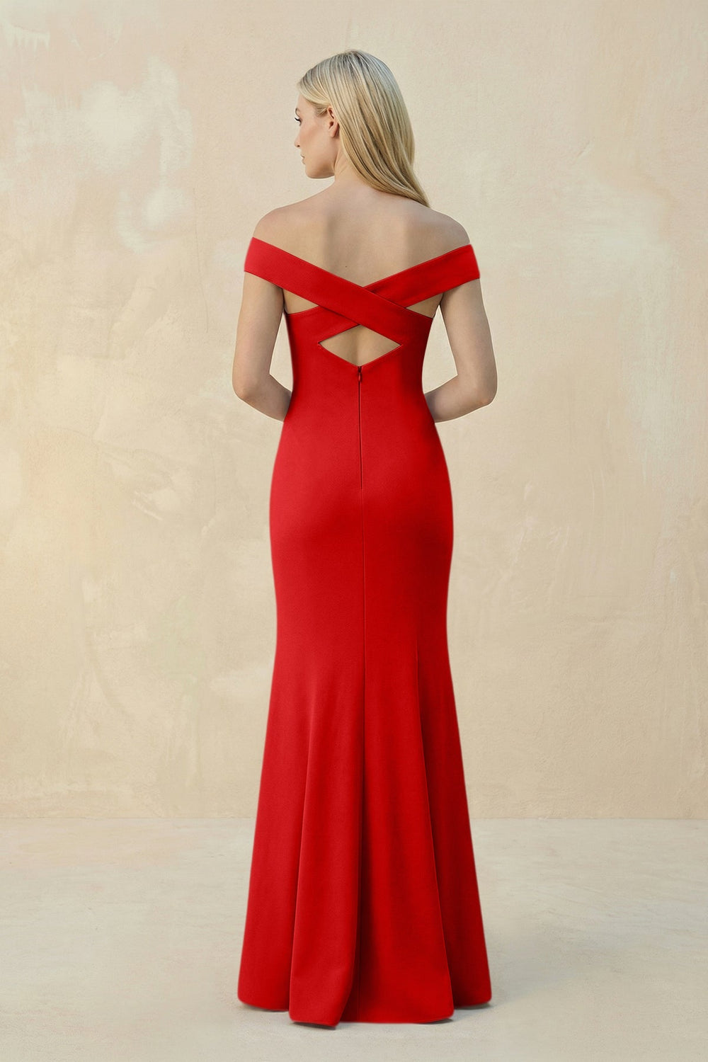 Off - the - Shoulder Sheath Matte Satin Bridesmaid Dress in Ruby Red - KISS BRIDAL Bridesmaid Dresses
