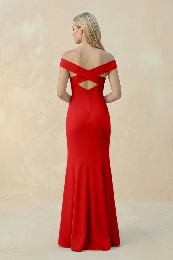 Off - the - Shoulder Sheath Matte Satin Bridesmaid Dress in Ruby Red - SHE IS ME Bridesmaid Dresses