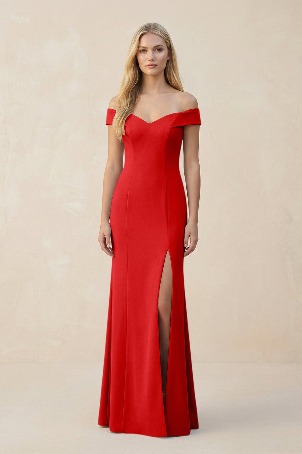 Off - the - Shoulder Sheath Matte Satin Bridesmaid Dress in Ruby Red - KISS BRIDAL Bridesmaid Dresses