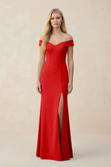 Off - the - Shoulder Sheath Matte Satin Bridesmaid Dress in Ruby Red - KISS BRIDAL Bridesmaid Dresses