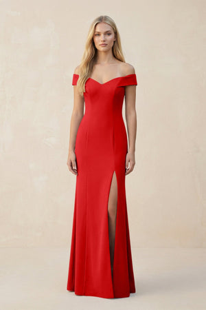 Off - the - Shoulder Sheath Matte Satin Bridesmaid Dress in Ruby Red - SHE IS ME Bridesmaid Dresses