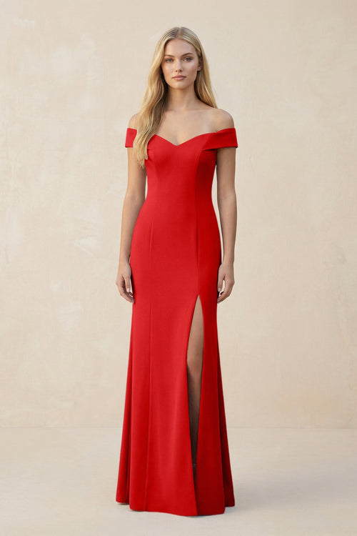 Off - the - Shoulder Sheath Matte Satin Bridesmaid Dress in Ruby Red - SHE IS ME Bridesmaid Dresses
