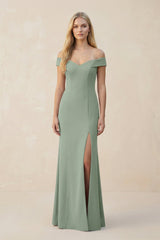 Off - the - Shoulder Sheath Matte Satin Bridesmaid Dress in Sage - KISS BRIDAL Bridesmaid Dresses