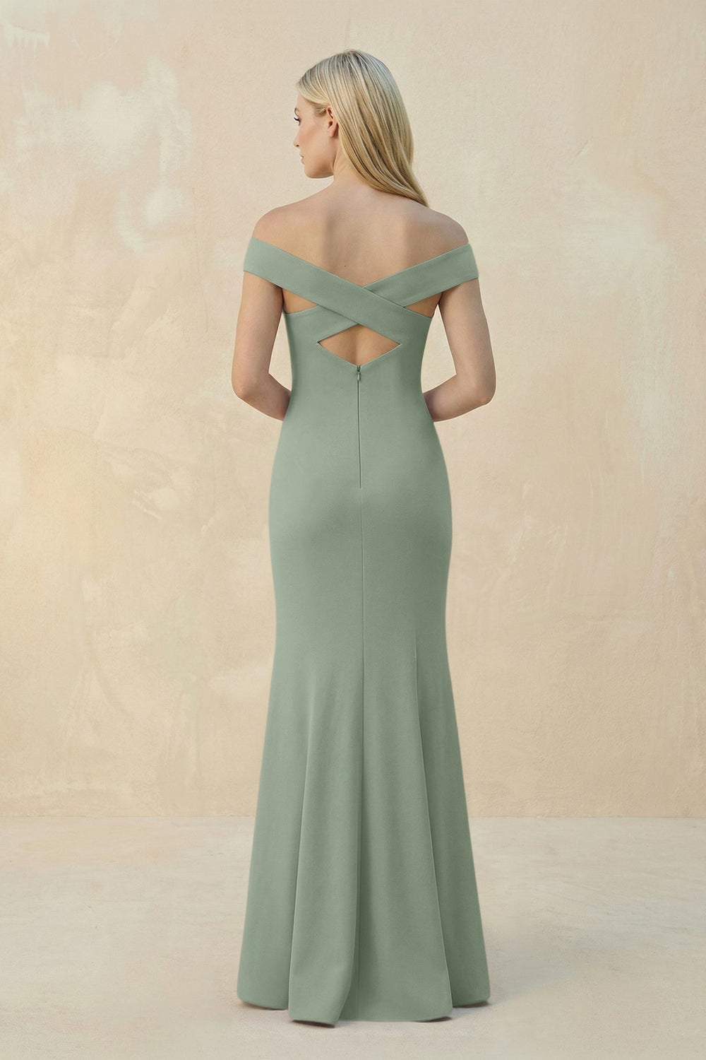 Off - the - Shoulder Sheath Matte Satin Bridesmaid Dress in Sage - KISS BRIDAL Bridesmaid Dresses